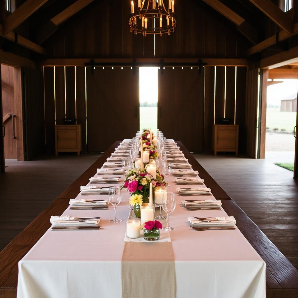 Long candlelit farmhouse table set for a private dinner in a Texas barn