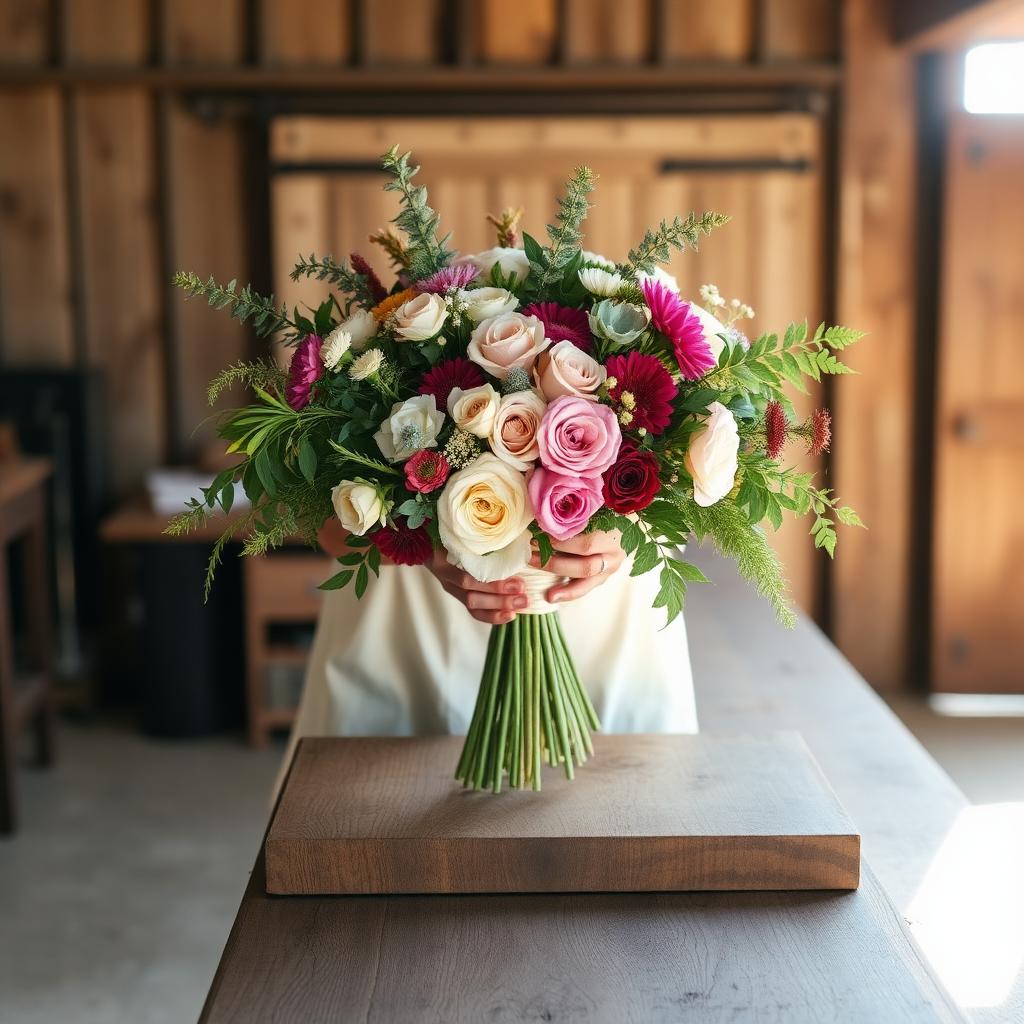 Hands arranging a lush wildflower bouquet in a sunlit Texas barn