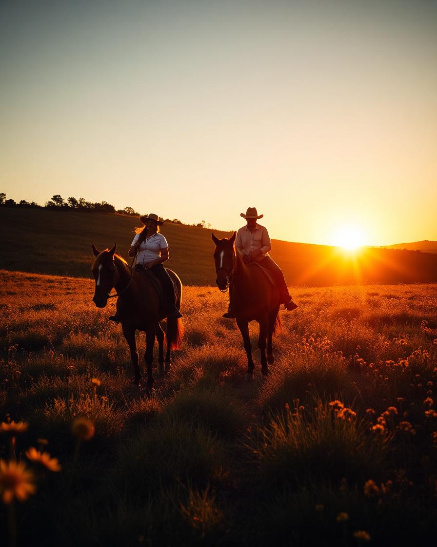Two horseback riders on a wildflower trail at sunset
